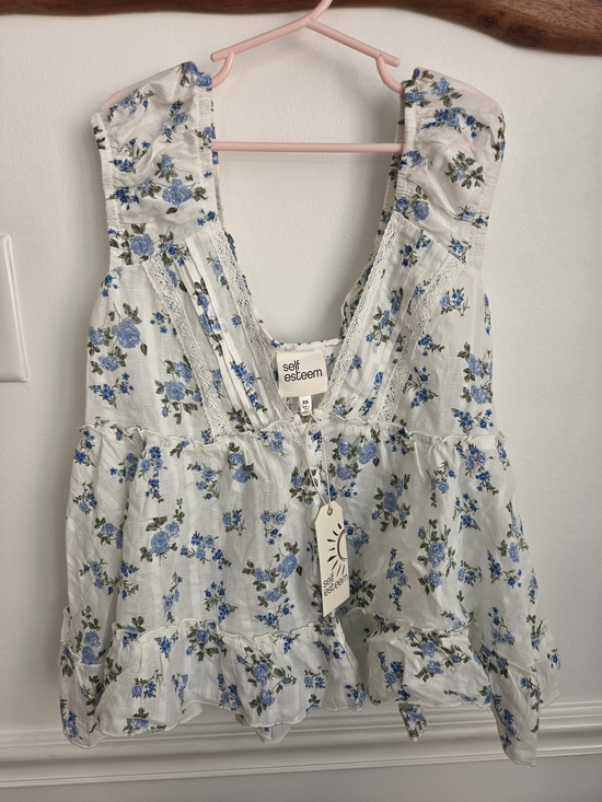 Self Esteem Tops - Self Esteem White Camisole with Blue Floral Print and Lace Trim
